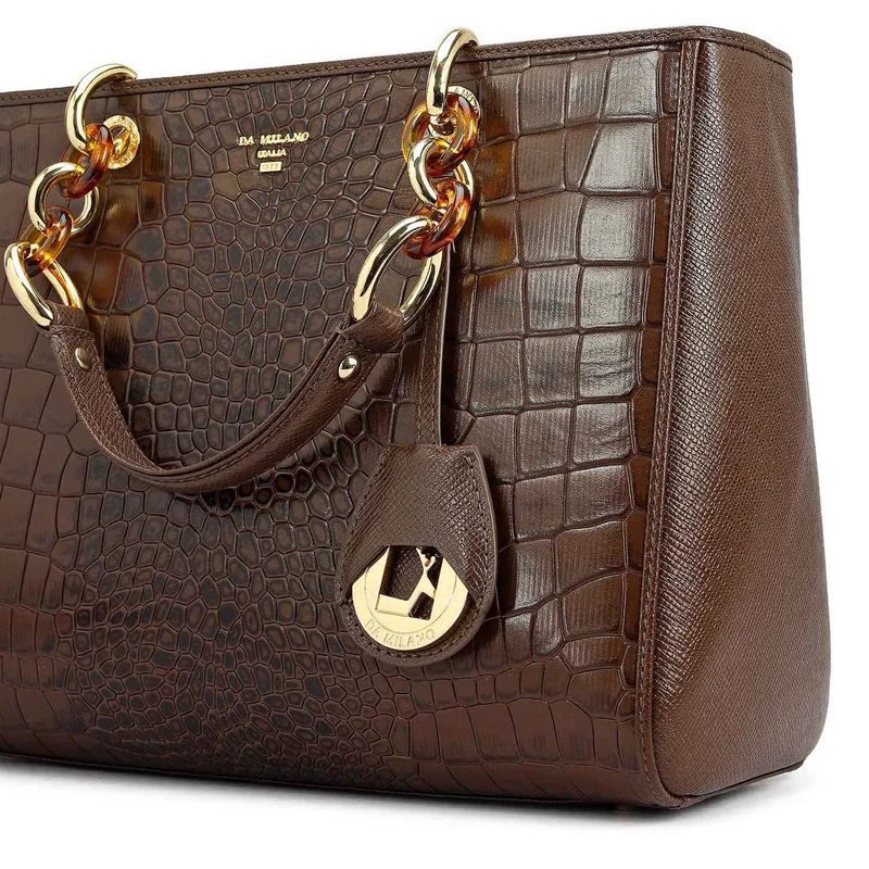 Da Milano Walnut Medium Croco Leather Satchel - Walnut for Women | Best Price UAE